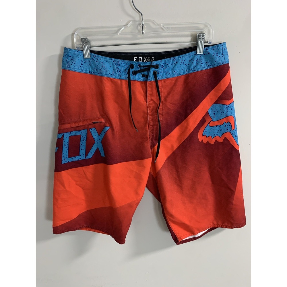 Fox Racing Board Shorts Mens 32 Red Blue Geometric Logo Swim Beach Surf